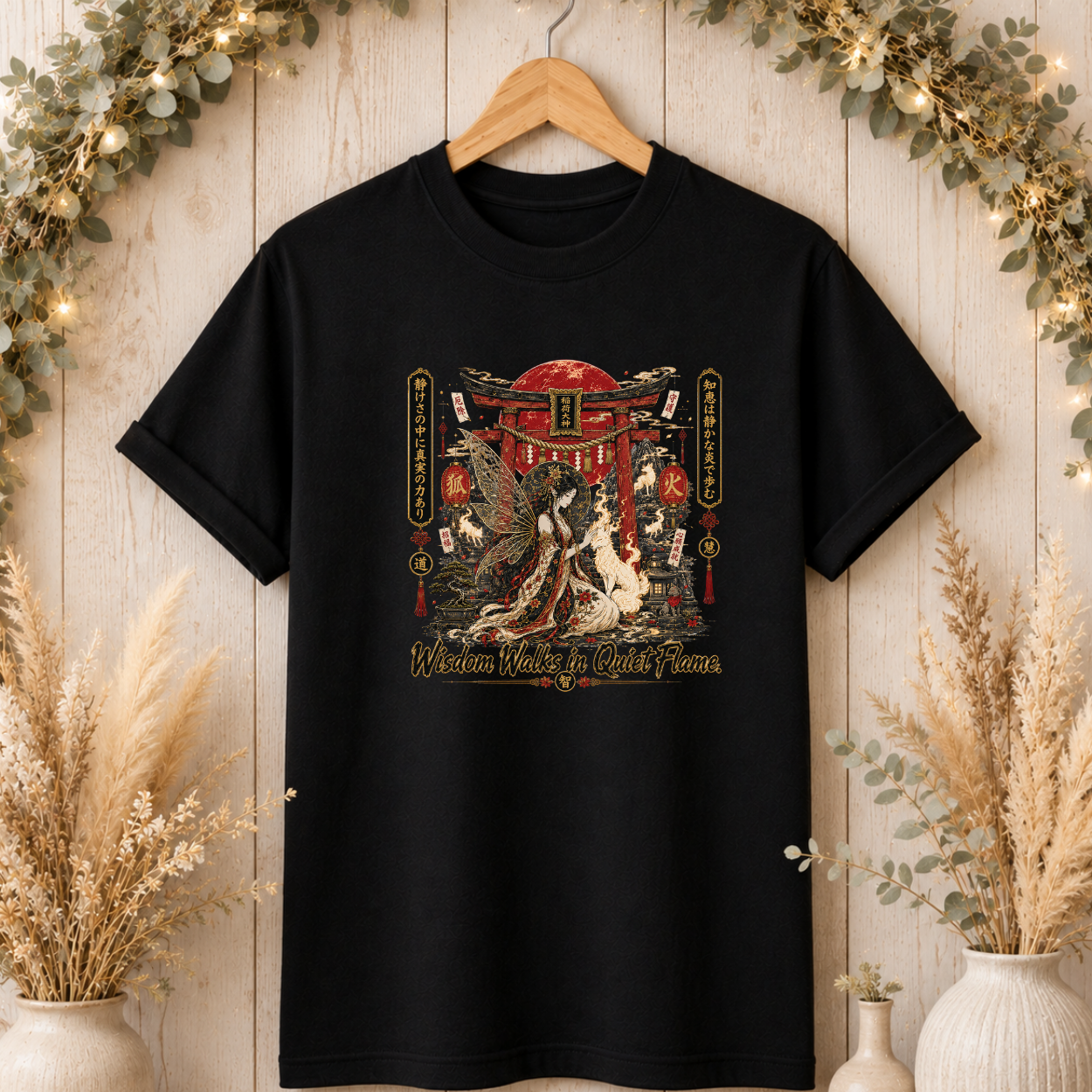 Japanese Shrine Graphic T-Shirt — "Wisdom Walks in Quiet Flame"