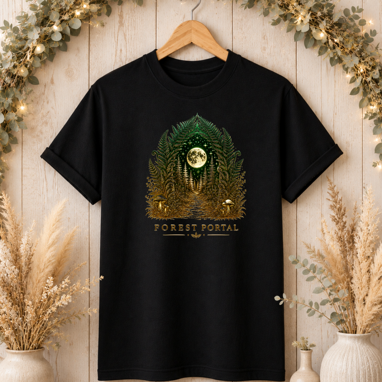 Forest Portal T-Shirt — Moonlit Fern Mushroom Graphic Tee