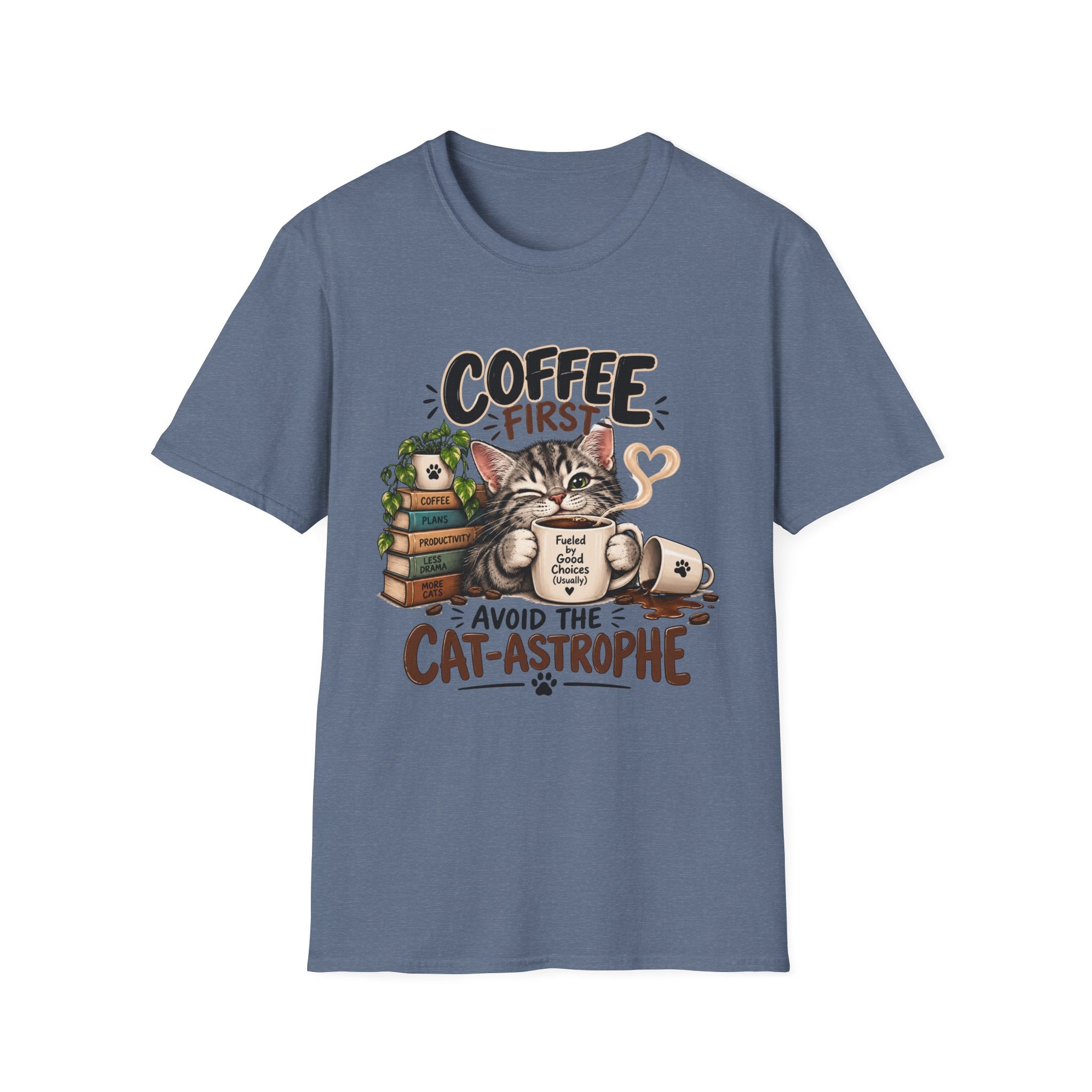 "Avoid the Cat-astrophe" Cute Cat & Coffee Graphic T-Shirt