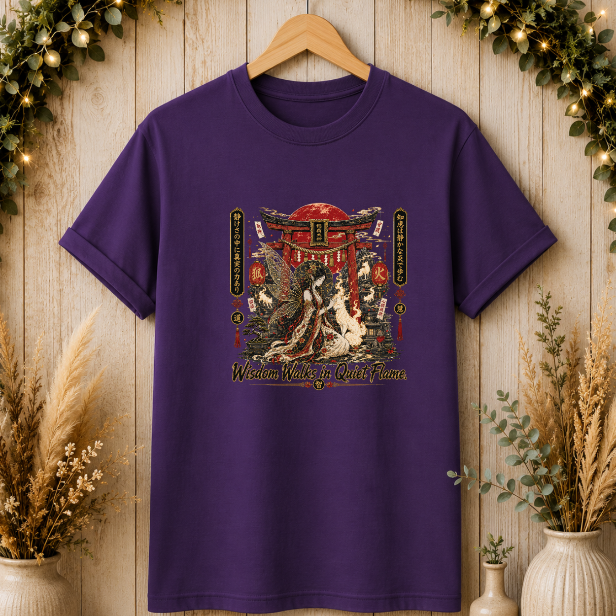 Japanese Shrine Graphic T-Shirt — "Wisdom Walks in Quiet Flame"