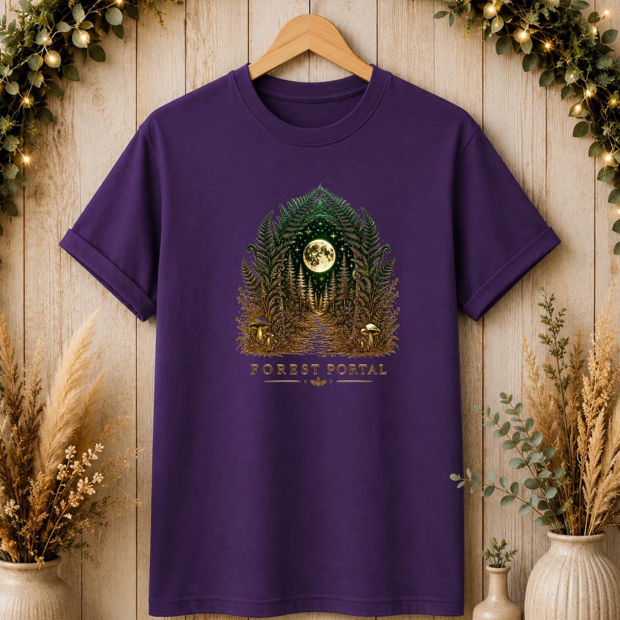 Forest Portal T-Shirt — Moonlit Fern Mushroom Graphic Tee