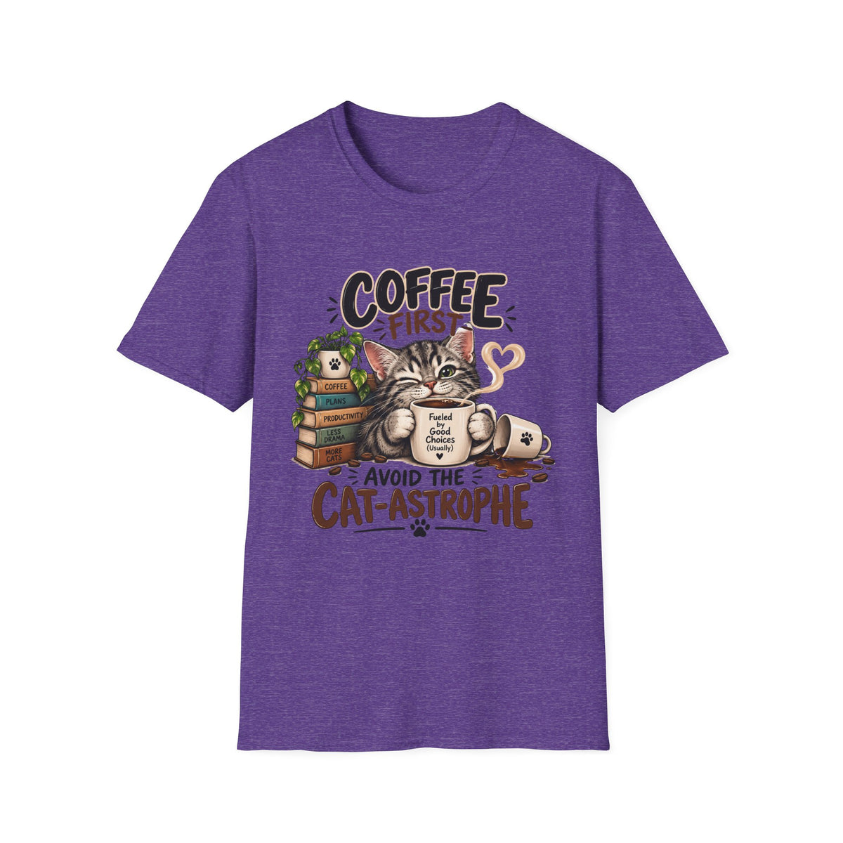 "Avoid the Cat-astrophe" Cute Cat & Coffee Graphic T-Shirt