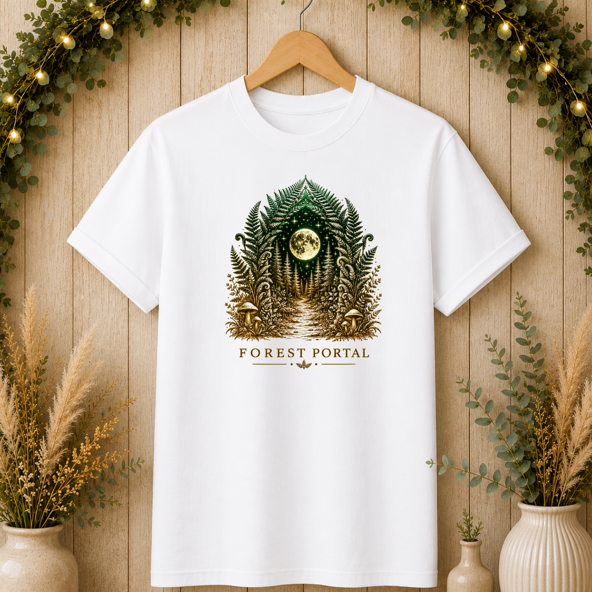 Forest Portal T-Shirt — Moonlit Fern Mushroom Graphic Tee