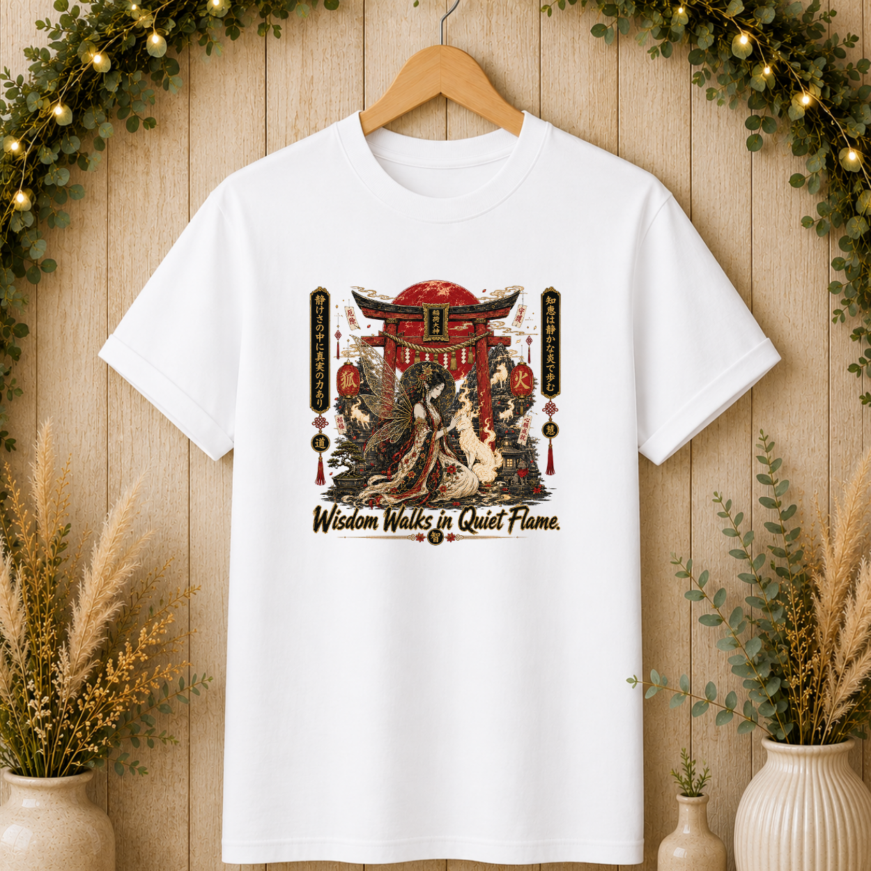 Japanese Shrine Graphic T-Shirt — "Wisdom Walks in Quiet Flame"