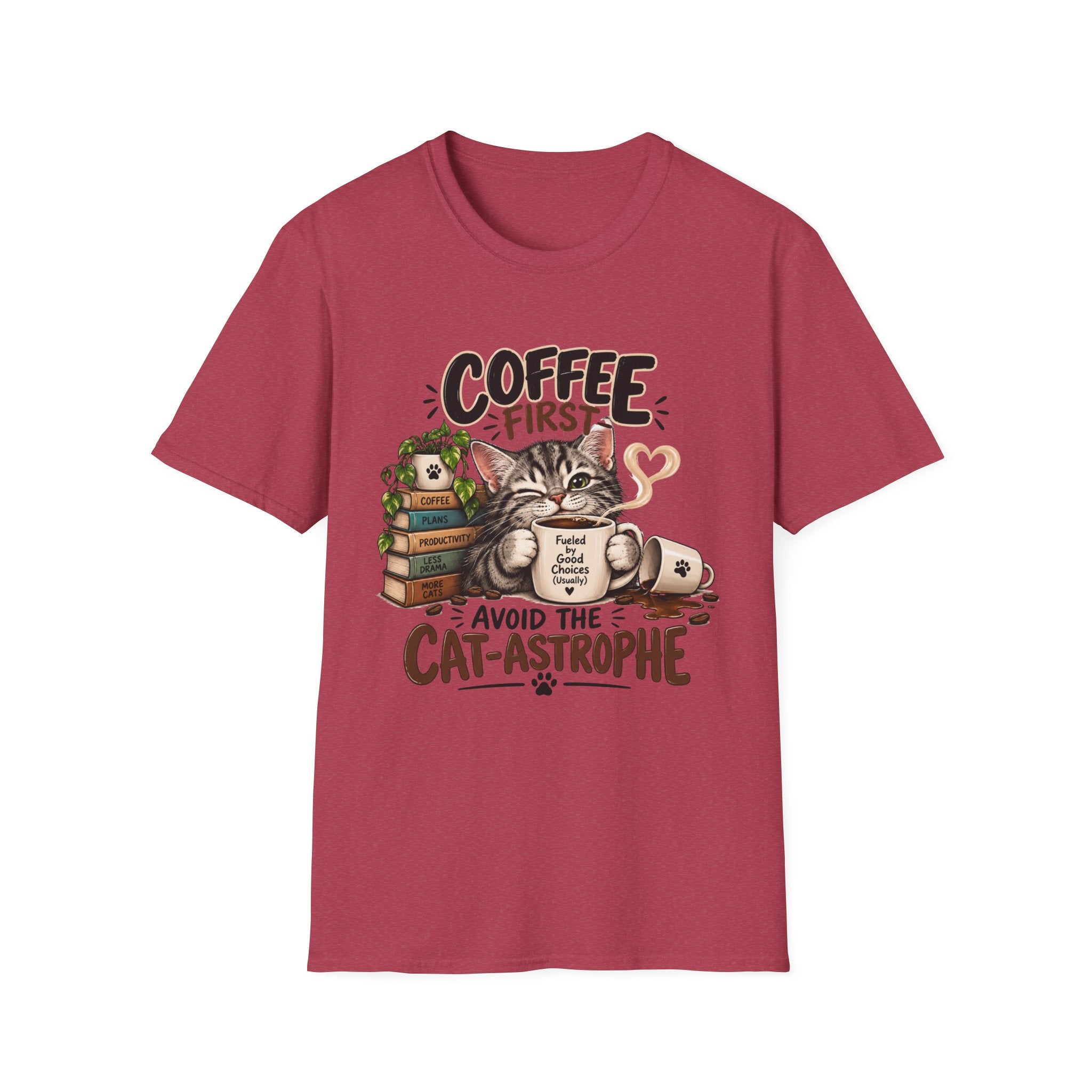 "Avoid the Cat-astrophe" Cute Cat & Coffee Graphic T-Shirt