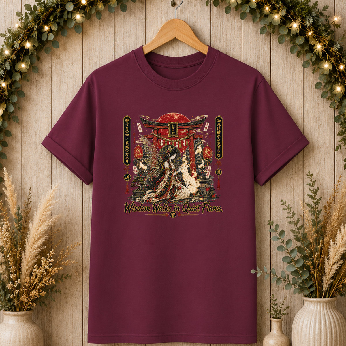 Japanese Shrine Graphic T-Shirt — "Wisdom Walks in Quiet Flame"