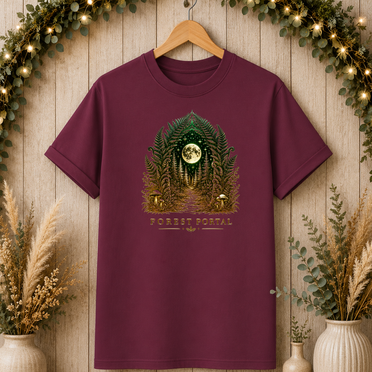 Forest Portal T-Shirt — Moonlit Fern Mushroom Graphic Tee
