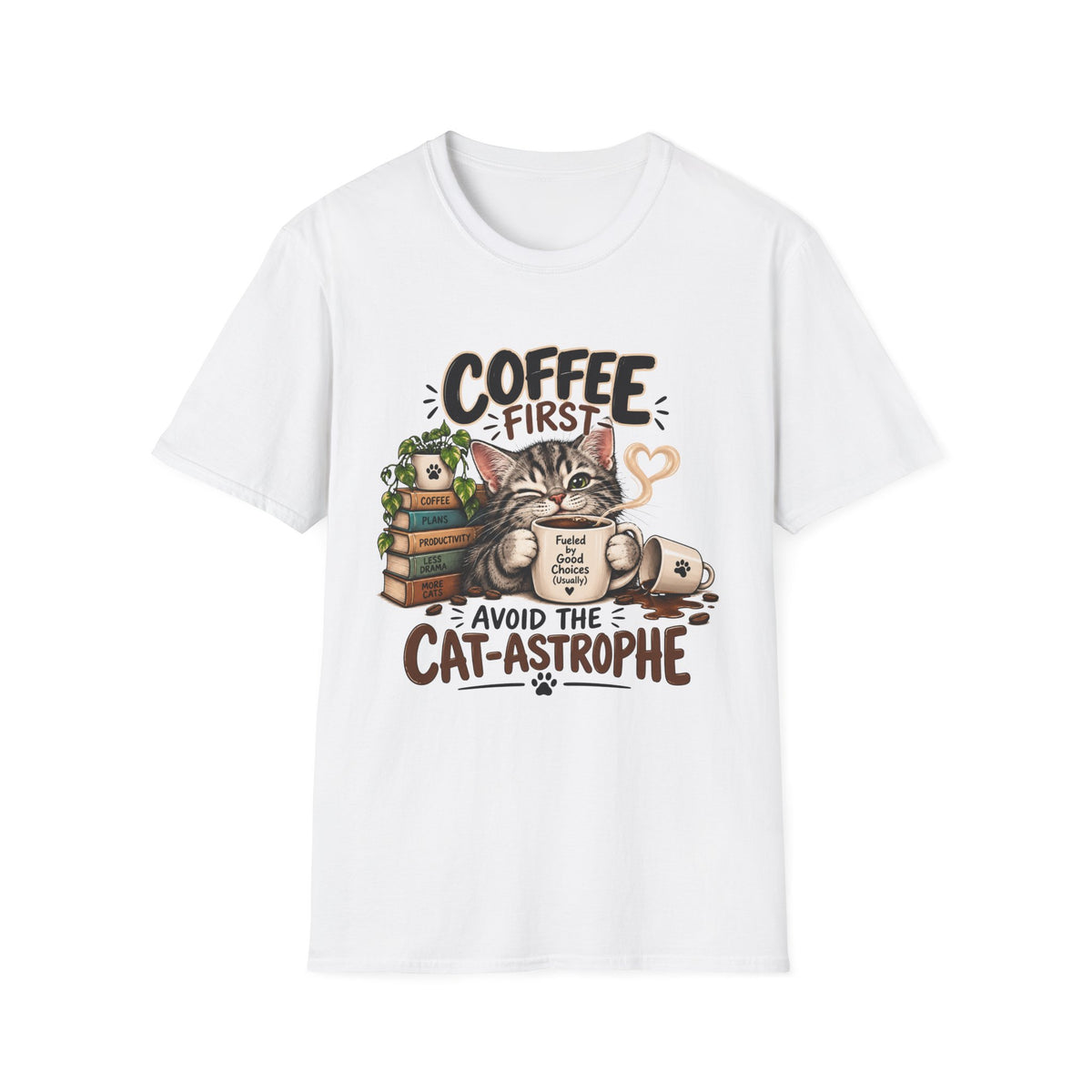 "Avoid the Cat-astrophe" Cute Cat & Coffee Graphic T-Shirt