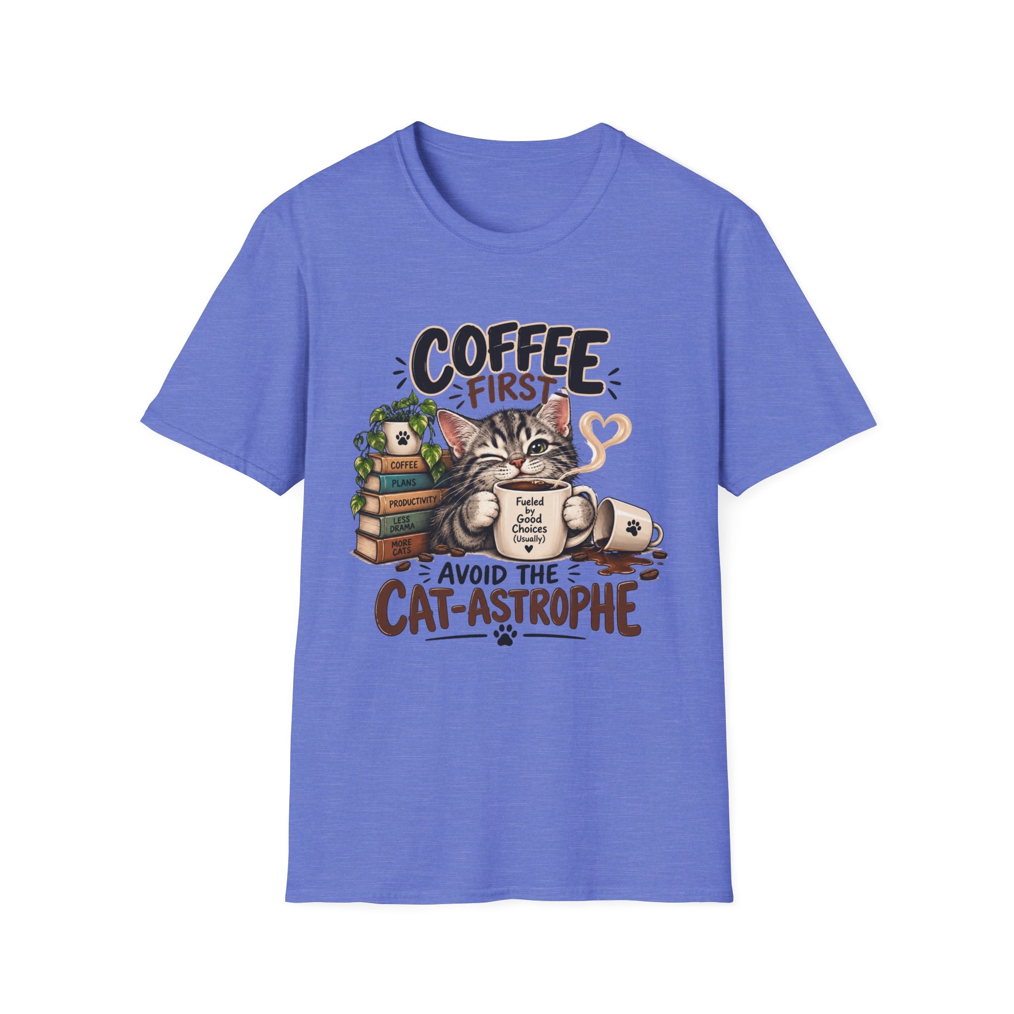 "Avoid the Cat-astrophe" Cute Cat & Coffee Graphic T-Shirt